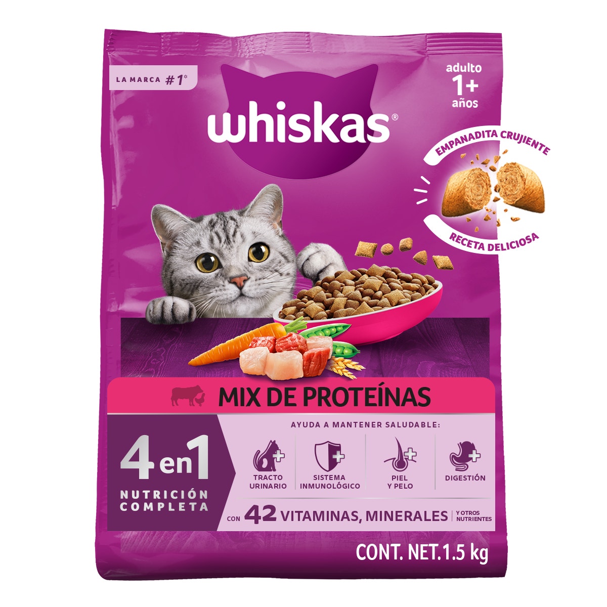 Whiskas® 4 en 1 Alimento Seco para Gatos Mix de proteínas - 1