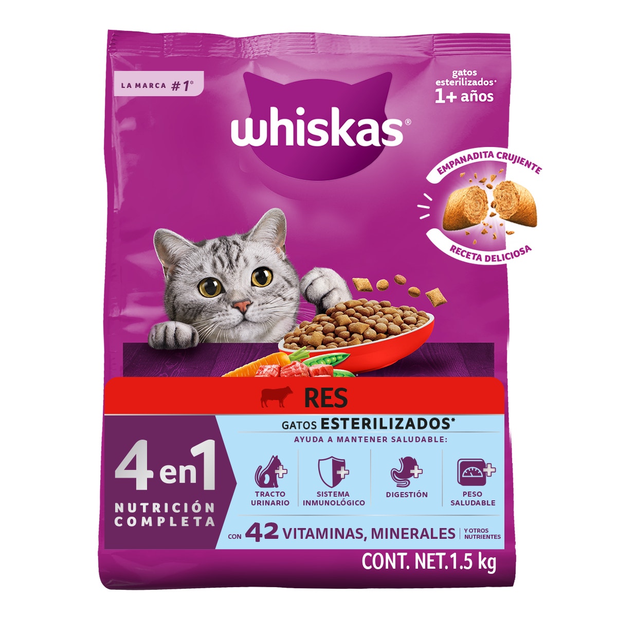 Whiskas® 4 en 1 Alimento Seco para Gatos Esterilizados Res - 1