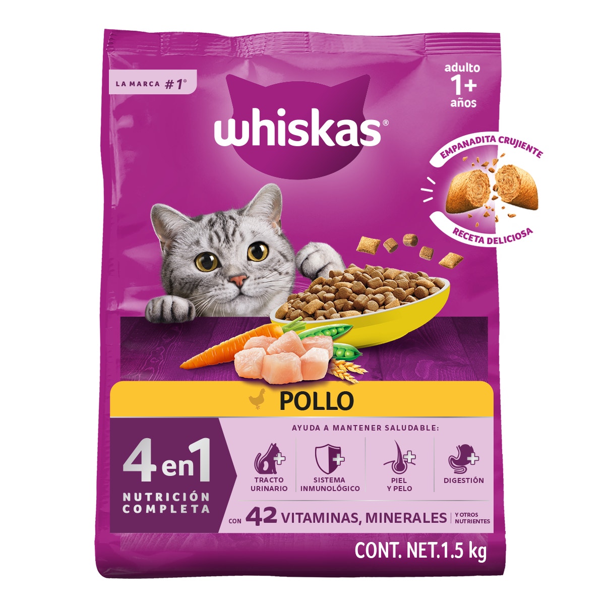Whiskas® 4 en 1 Alimento Seco para Gatos Pollo - 1