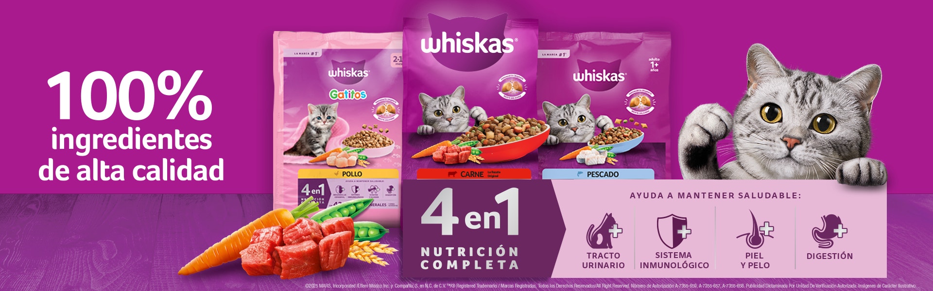 WHISKAS® 4 en 1 nutrición completa con croquetas, carne y vegetales, y sus cuatro beneficios para gatos