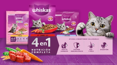 WHISKAS® 4 en 1 nutrición completa con croquetas, carne y vegetales, y sus cuatro beneficios para gatos