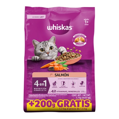 Alimento Seco para Gatos Adultos Whiskas® 4 en 1, 100% Nutrición Completa y Balanceada – Sabor Salmón