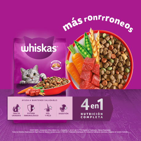 WHISKAS® 4 en 1 nutrición completa con croquetas, carne y vegetales, y sus cuatro beneficios para gatos