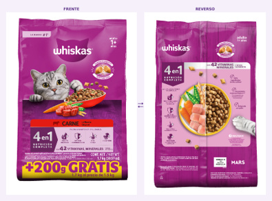 WHISKAS® 4 en 1 nutrición completa mostrando el frente y reverso del empaque para gatos adultos