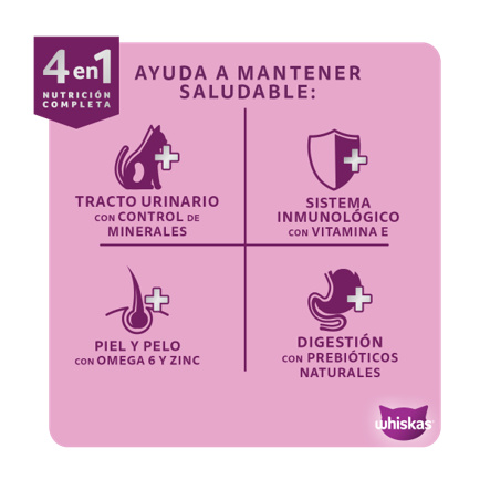 WHISKAS® 4 en 1 nutrición completa con cuatro beneficios para gatos adultos: tracto urinario, inmunidad, piel y pelo y digestión