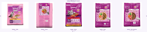 WHISKAS® 4 en 1 nutrición completa disponible para gatos y gatitos en diferentes sabores y presentaciones
