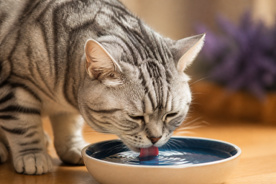 Gato bebiendo agua de un recipiente para apoyar su hidratación y salud del tracto urinario