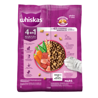 Reverso del empaque WHISKAS® 4 en 1 con información sobre control de minerales y nutrición completa